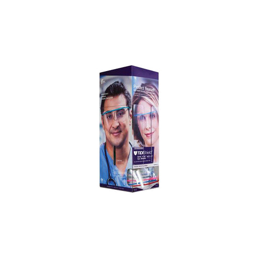 A tall, narrow TIDI Shield cardboard box displays an image of two people wearing face shields and says "Protect Yourself", "TIDI Shield, Grab 'n Go HLDs. Eye Shields." A stack of packaged shields is visible near the bottom.