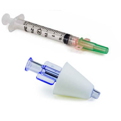 A syringe, marked to 3ml, is displayed above a mucosal atomization device. The atomization device has a blue base and a white cone around its applicator tip.