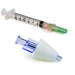 A syringe, marked to 3ml, is displayed above a mucosal atomization device. The atomization device has a blue base and a white cone around its applicator tip.