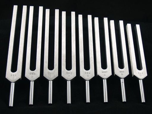 Eleven metal tuning forks are arranged in a slightly curved row on a black background. They are positioned upright and appear to be unused.