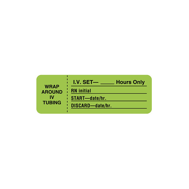 A light-green rectangular label displays information for an IV set, including space for the RN's initials, start date/time, and discard date/time; it's designed to be wrapped around IV tubing.