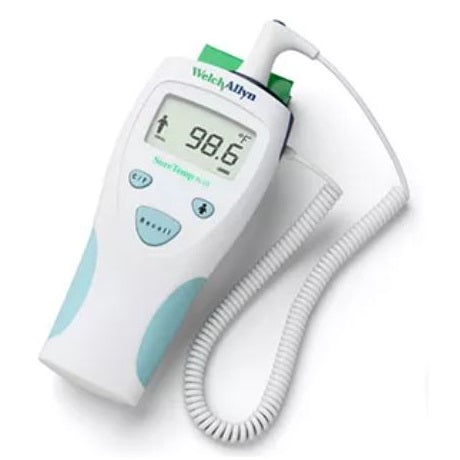 A Welch Allyn thermometer displays "98.6 °F". It has a probe and a coiled cord. The text "Sure Temp Plus 690" is also visible on its display, against a white backdrop.