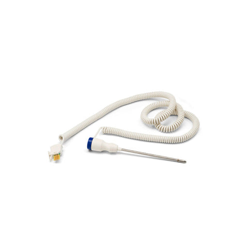 A medical probe with a white handle, blue accents, and a metal shaft rests next to coiled, white wiring that ends in a connector on a white background.