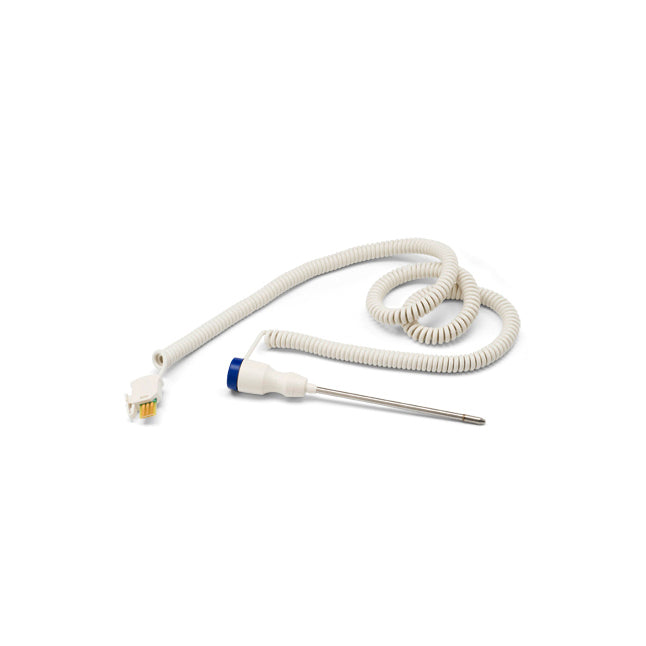 A medical probe with a white handle, blue accents, and a metal shaft rests next to coiled, white wiring that ends in a connector on a white background.