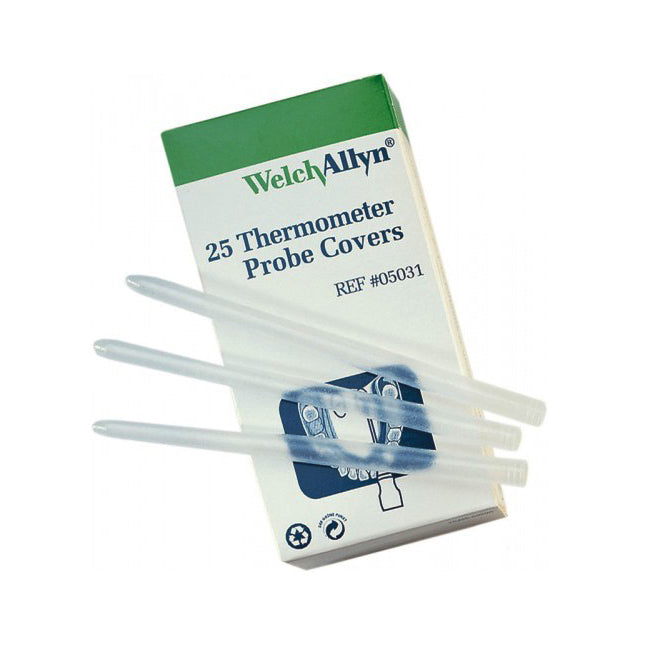 Several thermometer probe covers lay against a “Welch Allyn” brand box labeled, "25 Thermometer Probe Covers REF #05031," against a white background.