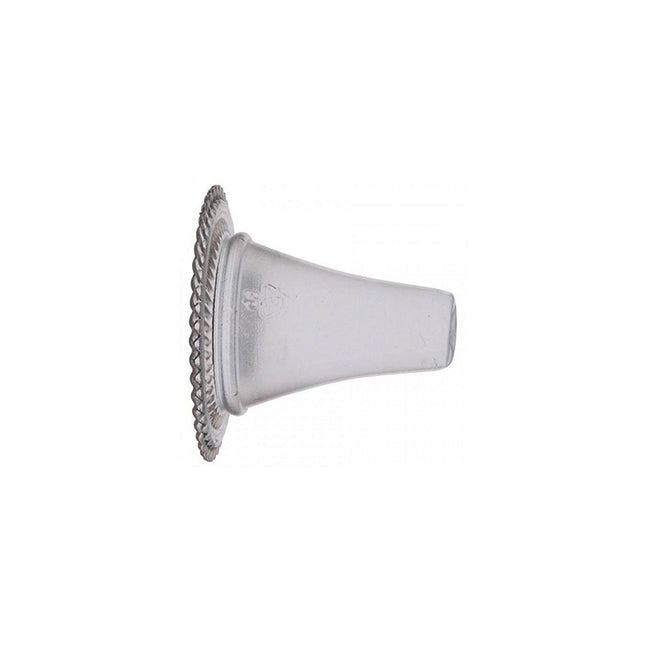 A clear plastic ear tip sits on a white background. The tip is conical, with a textured, circular base.