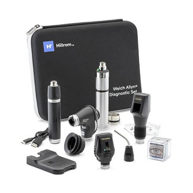 Diagnostic tools are arranged near a Hillrom case. "Welch Allyn Diagnostic Set" appears on the case. Items include handheld tools and a model eye.