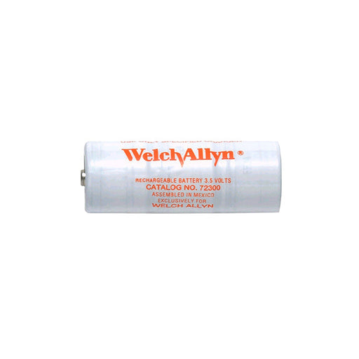 A Welch Allyn rechargeable 3.5-volt battery rests on a white background. The battery's label displays its catalog number (72300) and origin.