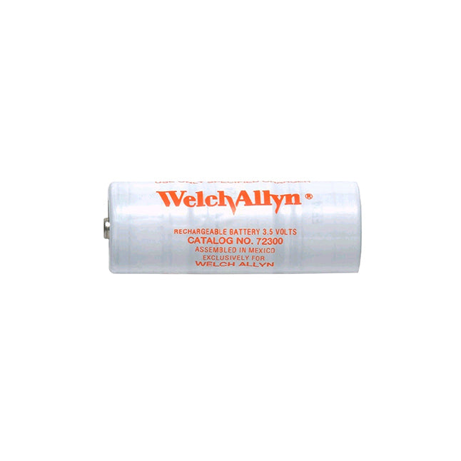 A Welch Allyn rechargeable 3.5-volt battery rests on a white background. The battery's label displays its catalog number (72300) and origin.