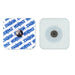 Two square adhesive electrodes are shown; one has a blue and white patterned backing, while the other has a white backing. Both electrodes have a metal contact in the center.