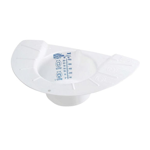 A white, plastic urinal features a wide, flat brim, with one half cutaway. The urinal shows fluid measurement markings and text reading "KENDALL Healthcare Solutions," "OZ," and "CC."