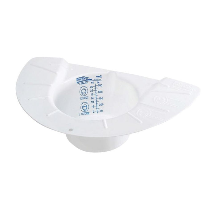 A white, plastic urinal features a wide, flat brim, with one half cutaway. The urinal shows fluid measurement markings and text reading "KENDALL Healthcare Solutions," "OZ," and "CC."