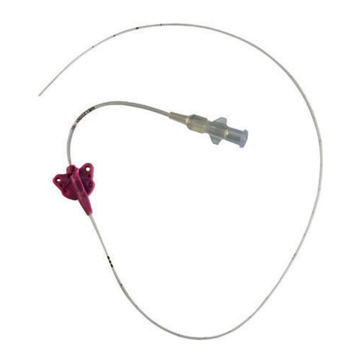 A medical catheter is coiled in a white space, featuring a purple butterfly clip at one end, a clear hub in the middle, and markings along its length.