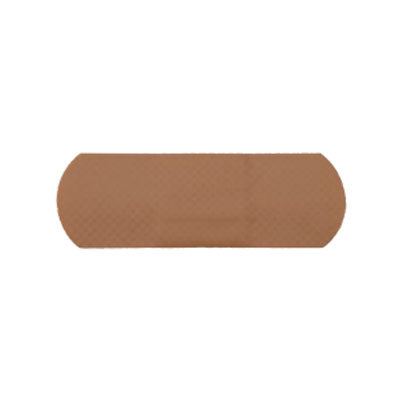 A tan adhesive bandage lies flat against a plain white background.