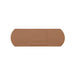 A tan adhesive bandage lies flat against a plain white background.