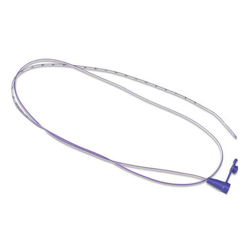 A clear feeding tube curves on a white background. The tube has centimeter markings and a purple connector at one end.