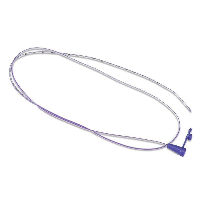 A clear feeding tube curves on a white background. The tube has centimeter markings and a purple connector at one end.