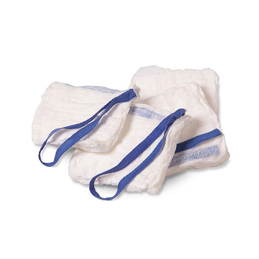 Gauze pads are stacked on a white surface. The pads are white with blue stripes and have blue fabric loops attached.
