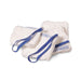 Gauze pads are stacked on a white surface. The pads are white with blue stripes and have blue fabric loops attached.