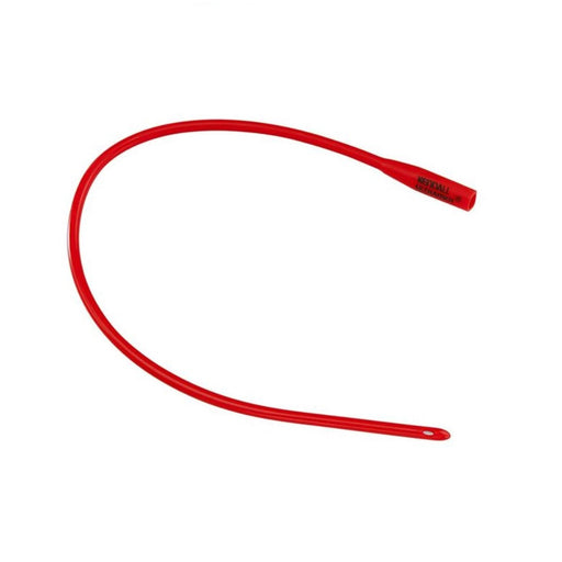 A red, flexible catheter curves in a "C" shape. Text "KENDALL", and another line, is printed near the open end. It's set against a plain white background.