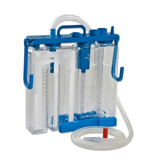 The pleural drainage unit stands, comprised of three graduated chambers held by blue plastic, with tubes running in and out. The left-hand chamber reads "THORA-SEAL." The center chamber is labeled "WATER."