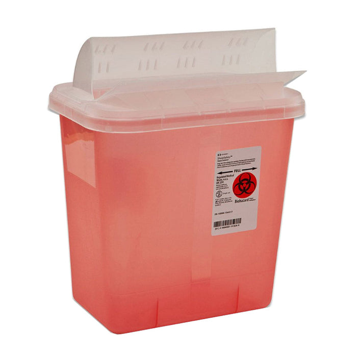 A red sharps container with a clear lid sits against a white background. The bin has a red biohazard symbol on its side.