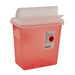 A red sharps container with a clear lid sits against a white background. The bin has a red biohazard symbol on its side.