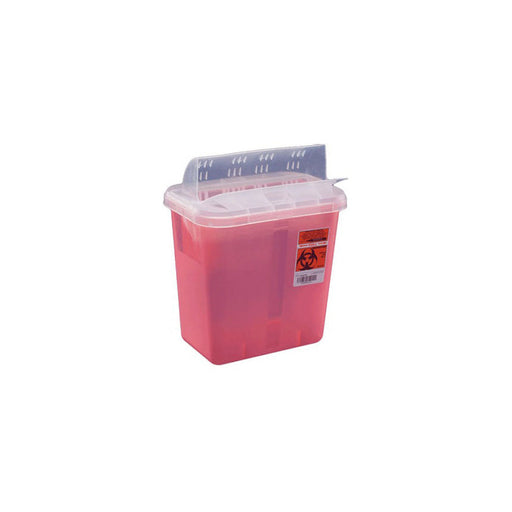 A sharps container, colored reddish-pink, sits closed. It is on a white background.