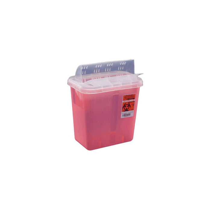 A sharps container, colored reddish-pink, sits closed. It is on a white background.