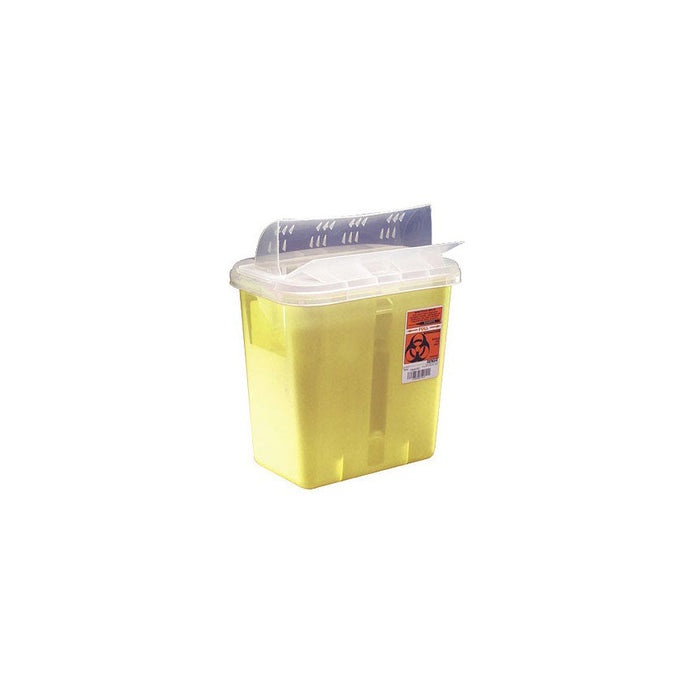 A yellow sharps container is displayed against a white background, with the container's lid showing a blue band, indicating the container is used.