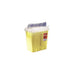 A yellow sharps container is displayed against a white background, with the container's lid showing a blue band, indicating the container is used.